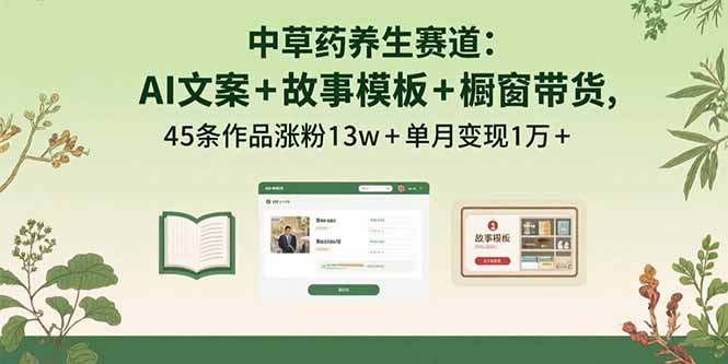 中草药养生赛道：AI文案+故事模板+橱带货，45条作品涨粉13w+单月变现1万+-南友云赚