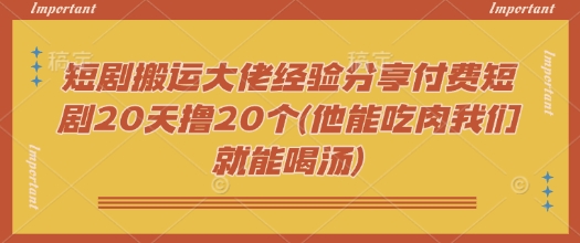 短剧搬运大佬经验分享付费短剧20天撸20个(他能吃肉我们就能喝汤)-南友云赚
