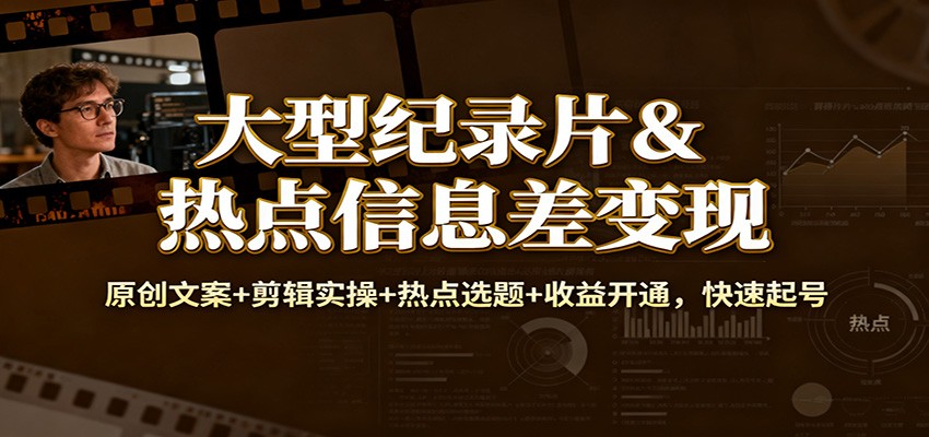大型纪录片&热点信息差变现：原创文案+剪辑实操+热点选题+收益开通，快速起号-南友云赚