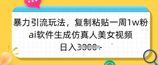 暴力引流玩法，复制粘贴一周1w粉，ai软件生成仿真人美女视频，日入多张-南友云赚