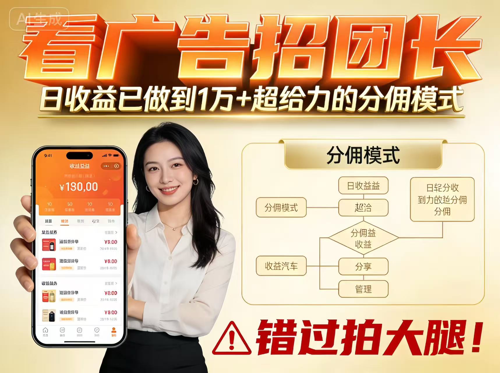 看广告招团长，团队收益已做到日入1万，分佣模式超给力，错过拍大腿-南友云赚