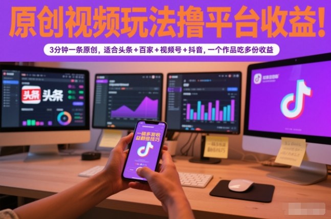 原创视频玩法撸平台收益，3分钟一条原创，适合头条+百家+视频号+抖音，一个作品吃多份收益-南友云赚