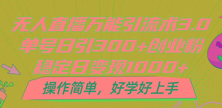 无人直播万能引流术3.0，单号日引300+创业粉，稳定日变现1000+，操作简单-南友云赚