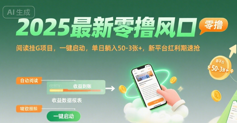 2025最新零撸风口，阅读挂G项目，一键启动，单日躺入 50-3张+，新平台红利期速抢【揭秘】-南友云赚