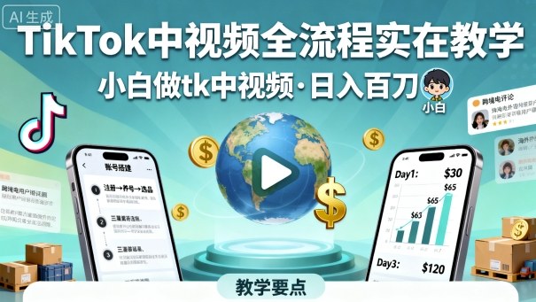 TikTok中视频全流程实操教学，小白做tk中视频，日入百刀-南友云赚