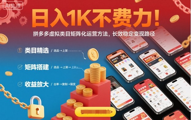 25d95e28638fc38628a91f93e180dc66.jpeg 日入1K不费力!拼多多虚拟类目矩阵化运营方法,长效稳定变现路径