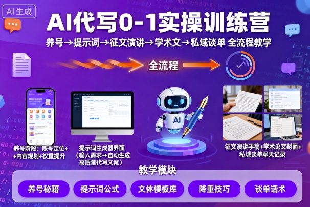 AI代写0-1实操训练营，从养号、提示词、征文演讲、学术文，到私域谈单的全流程教学-南友云赚