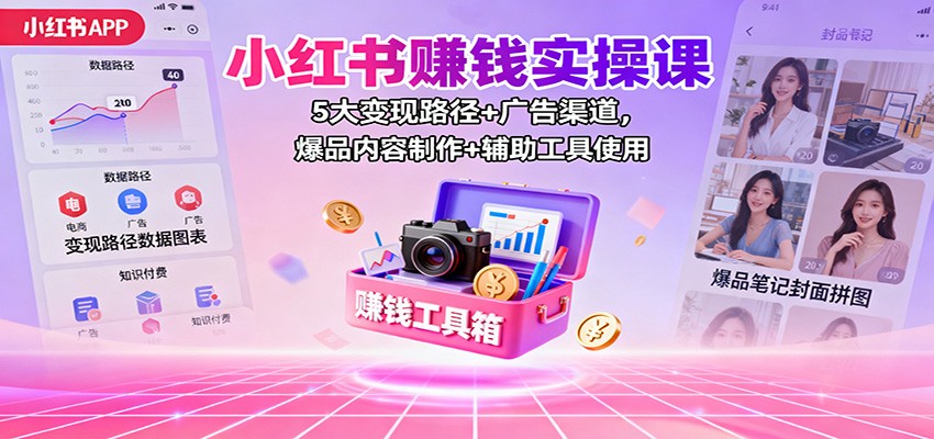 小红书赚钱实操课：5大变现路径+广告渠道，爆品内容制作+辅助工具使用-南友云赚