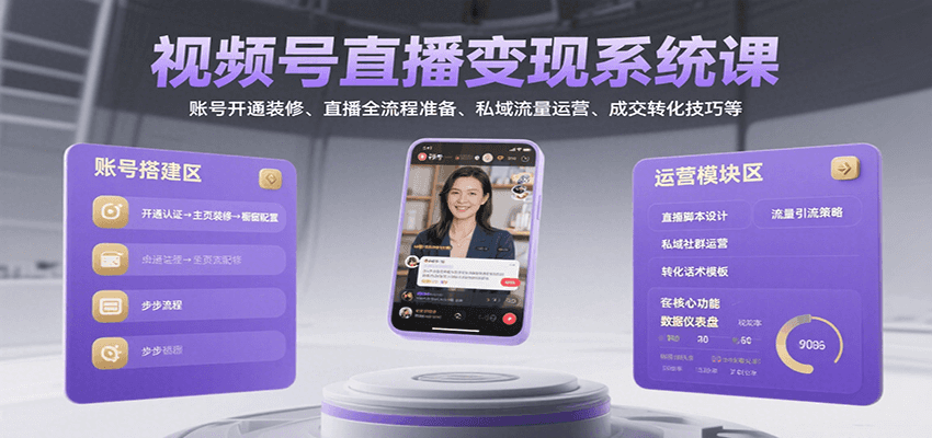 视频号直播变现系统课，账号开通装修、直播全流程准备、私域流量运营、成交转化技巧等-南友云赚