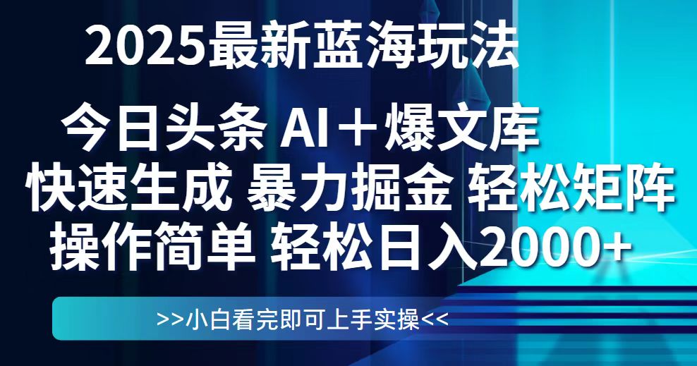 今日头条2025最新蓝海玩法，思路简单，复制粘贴，轻松实现矩阵日入2000+-南友云赚