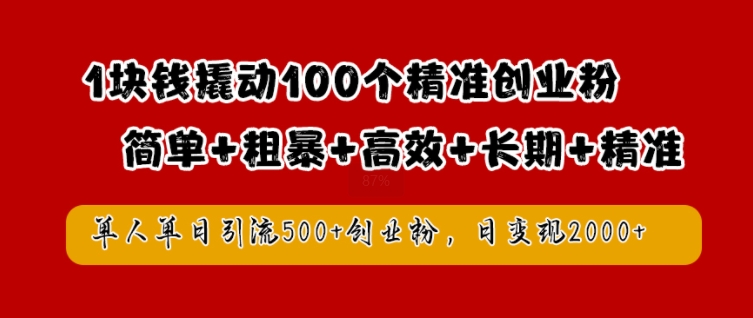 1块钱撬动100个精准创业粉，简单粗暴高效长期精准，单人单日引流500+创业粉，日变现2k【揭秘】-南友云赚