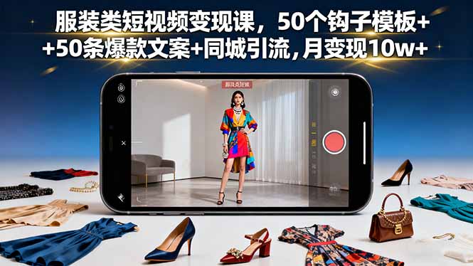 服装类短视频变现课，50个钩子模板+50条爆款文案+同城引流，月变现10w+-南友云赚