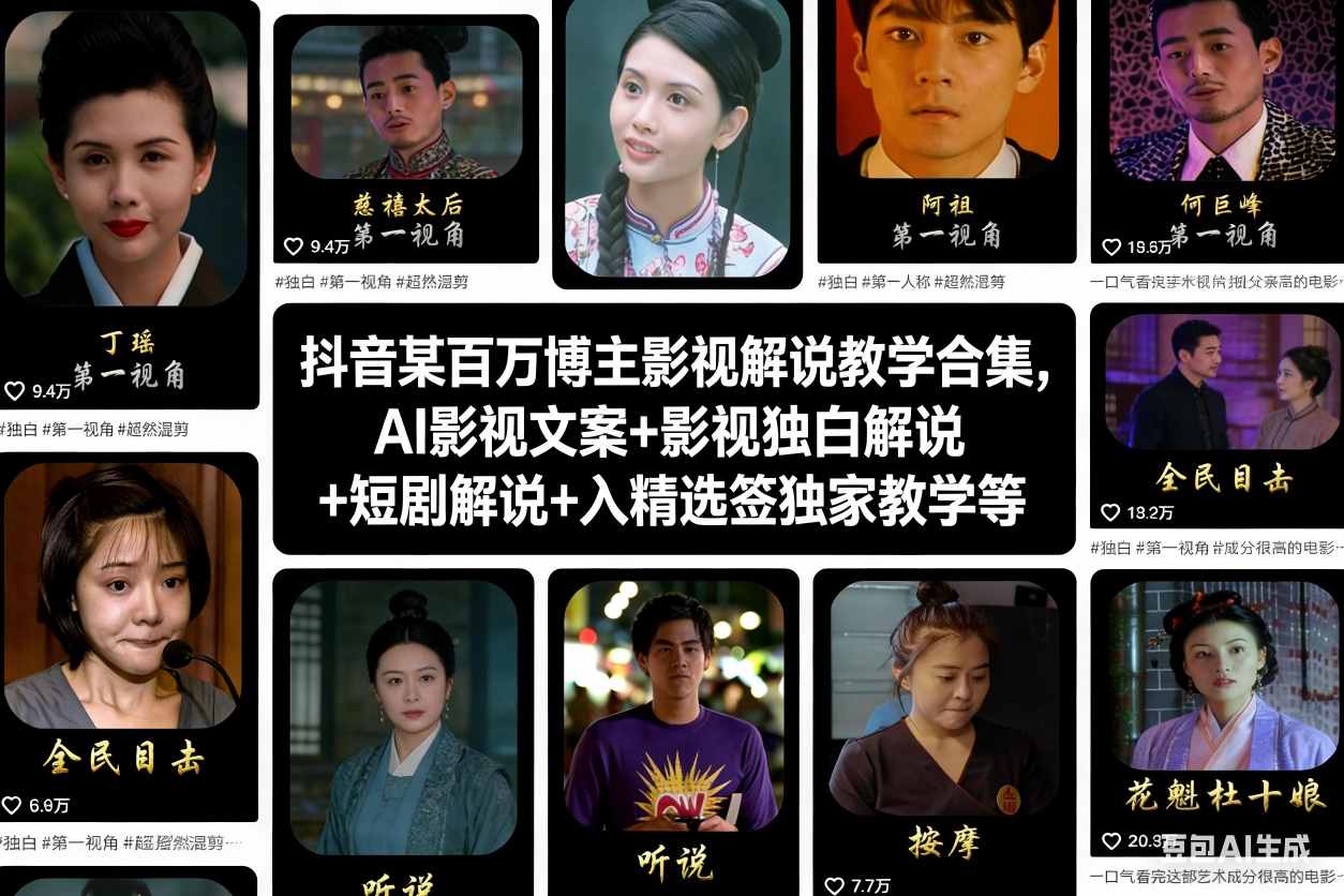 抖音某百万博主影视解说教学合集，AI影视文案+影视独白解说+短剧解说+入精选签独家教学等-南友云赚