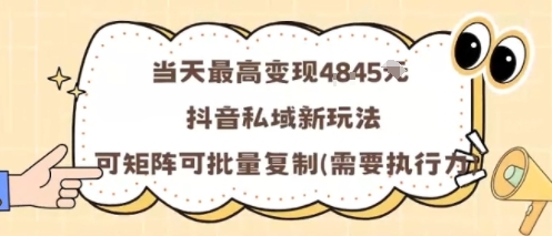 当天最高变现1k+，抖音私域新玩法，可矩阵可批量复制-南友云赚