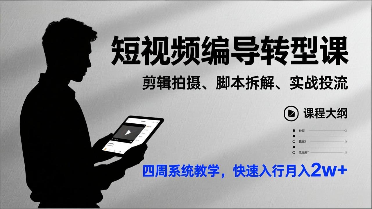 短视频编导转型课，剪辑拍摄、脚本拆解、实战投流，四周系统教学，快速入行月入2w+-南友云赚