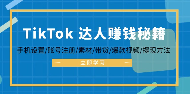 TikTok&达人赚钱秘籍 手机设置/账号注册/素材/带货/爆款视频/提现方法-南友云赚