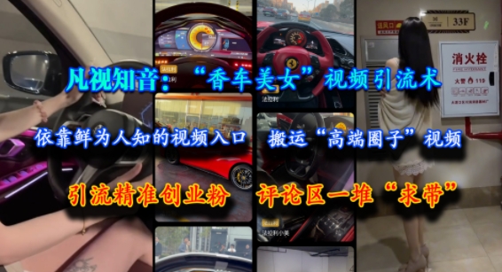 凡视知音：“香车美女”视频引流术，依靠鲜为人知的视频入口，搬运“高端圈子”视频，引流精准创业粉，评论区一堆“求带”-南友云赚
