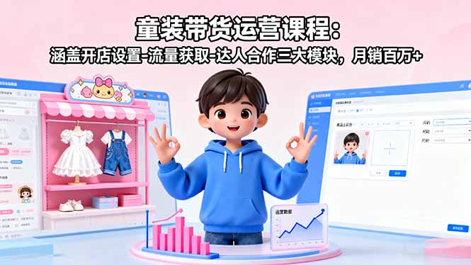 63fb388f308062935cd5e87542b828b4.jpeg 童装带货运营课程:涵盖开店设置-流量获取-达人合作三大模块,月销百万+
