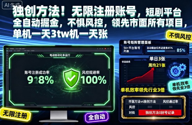 独创方法！无限注册账号，短剧平台全自动掘金，不惧风控，领先市面所有项目，单机一天3张【揭秘】-南友云赚