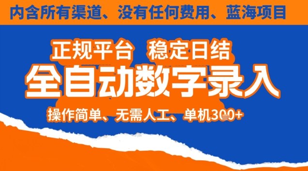 全自动数字录入，单机日入3张+，内含所有渠道全程免费零成本，操作简单可矩阵开干【揭秘】-南友云赚