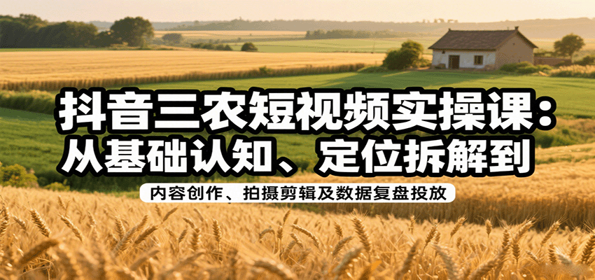 抖音三农短视频实操课：从基础认知、定位拆解到内容创作、拍摄剪辑及数据复盘投放-南友云赚