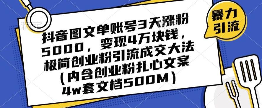抖音图文单账号3天涨粉5000，变现4万块钱，极简创业粉引流成交大法-南友云赚