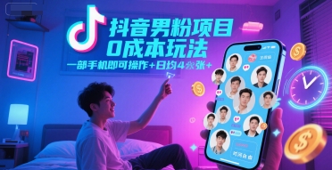 抖音男粉项目0成本玩法，一部手机即可操作，日均4张+，时间自由-南友云赚