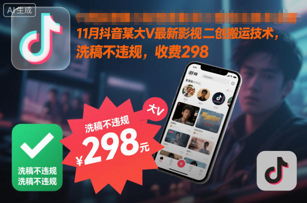 11月抖音某大V最新影视二创搬运技术，洗稿不违规，收费298-南友云赚