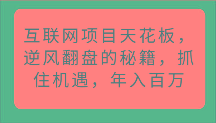互联网项目天花板，逆风翻盘的秘籍，抓住机遇，年入百万-南友云赚
