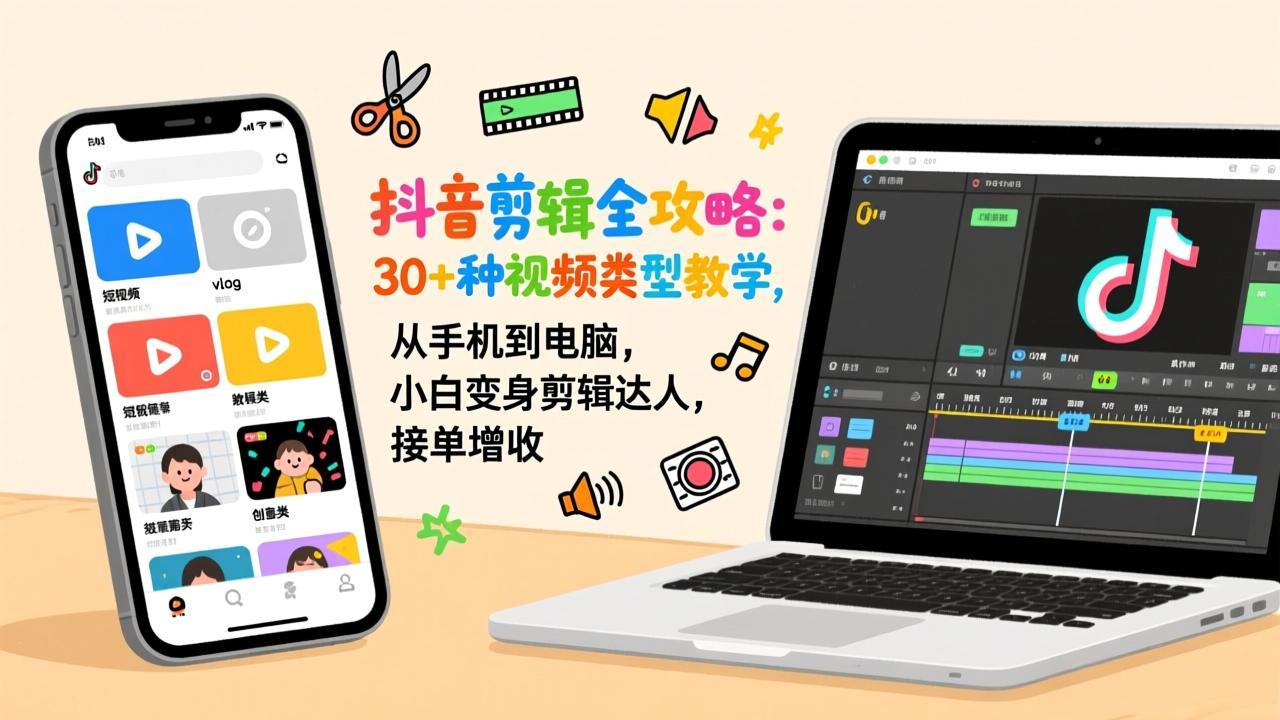 抖音剪辑全攻略：30+种视频类型教学，从手机到电脑，小白变身剪辑达人，接单增收-南友云赚