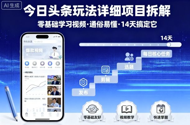 今日头条玩法详细项目拆解，零基础学习视频 通俗易懂 14天搞定它-南友云赚