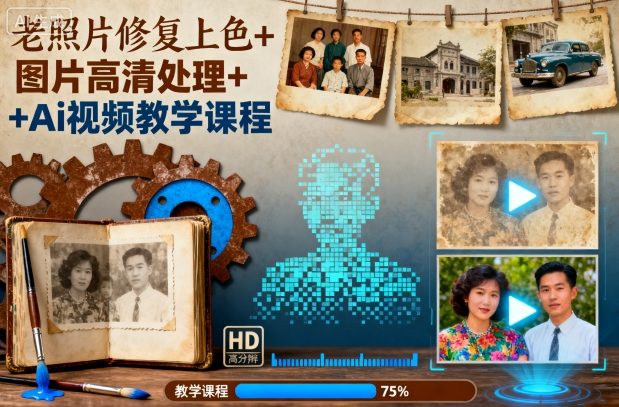 老照片修复上色+图片高清处理+Ai视频教学课程-南友云赚