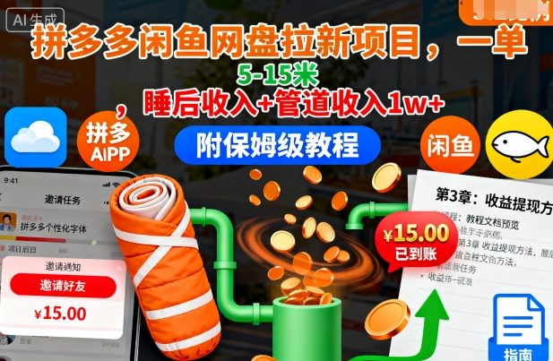 92eb2bb1e0570abc7cf28e571a277b6e.jpeg 拼多多闲鱼网盘拉新项目,一单5-15米,睡后收入+管道收入1w+(附保姆级教程)