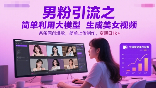男粉引流之简单利用大模型生成美女视频，条条原创爆款，简单上传制作，变现日1k+-南友云赚