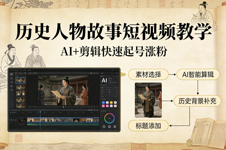历史人物故事短视频教学，AI+剪辑制作历史人物题材短视频，快速起号涨粉-南友云赚
