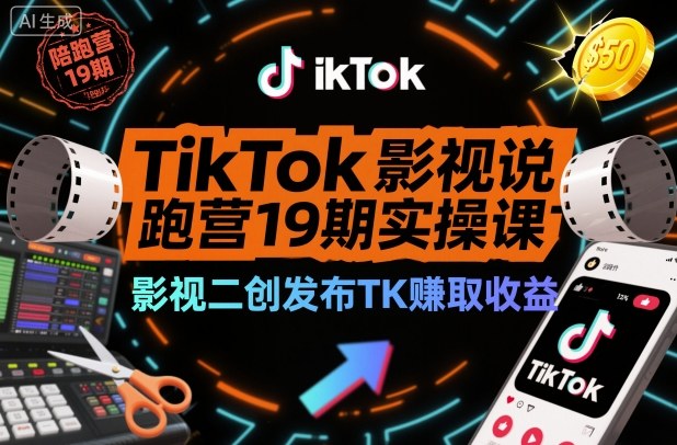 TikTok影视解说陪跑营19期实操课，影视二创发布TK賺取收益，万播收益50美金-南友云赚
