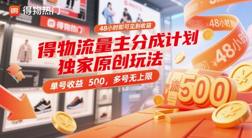 得物流量主分成计划独家原创玩法，48小时即可见到收益，单号收益5张，多号无上限【揭秘】-南友云赚