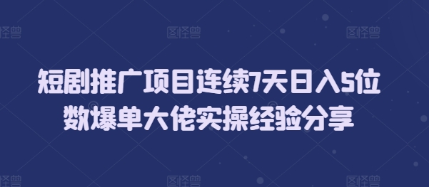 短剧推广项目连续7天日入5位数爆单大佬实操经验分享-南友云赚