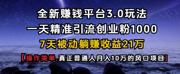 全新赚钱平台3.0玩法一天精准引流创业粉1000.7天被动躺Z收益21W【仅揭秘】-南友云赚