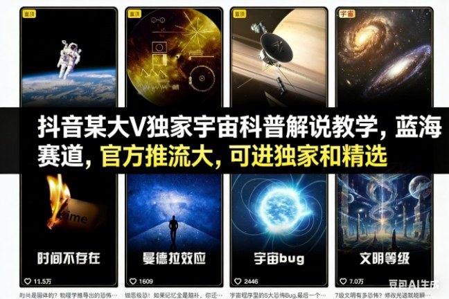 抖音某大V独家宇宙科普解说教学，蓝海赛道，官方推流大，可进独家和精选-南友云赚