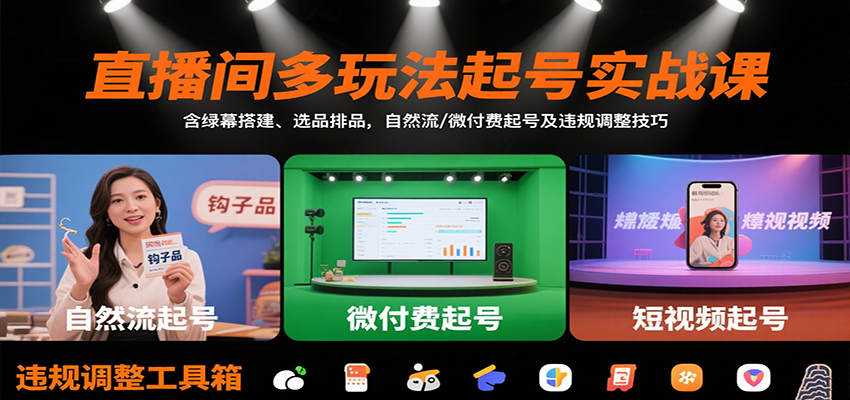 直播间多玩法起号实战课：含绿幕搭建、选品排品，自然流/微付费起号及违规调整技巧-南友云赚
