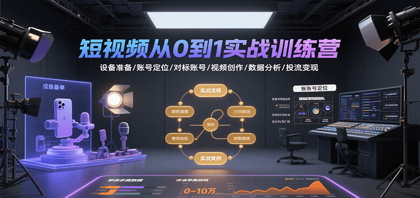 短视频从0到1实战训练营：设备准备/账号定位/对标账号/视频创作/数据分析/投流变现-南友云赚