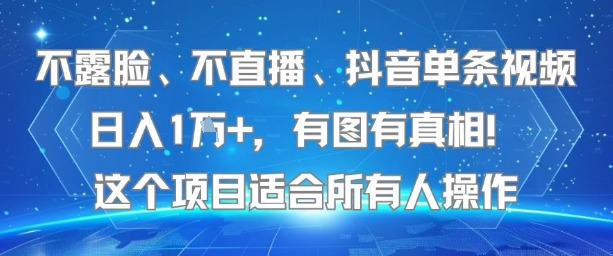不露脸、不直播、抖音单条视频日入1W+，有图有真相！这个项目适合所有人操作-南友云赚