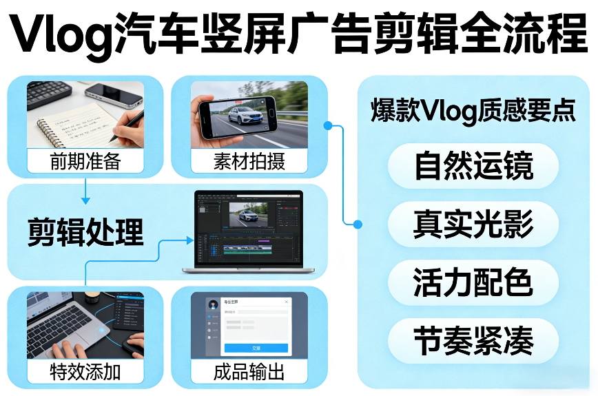 Vlog感觉汽车竖屏广告剪辑脚本全流程，拿捏爆款Vlog质感-南友云赚