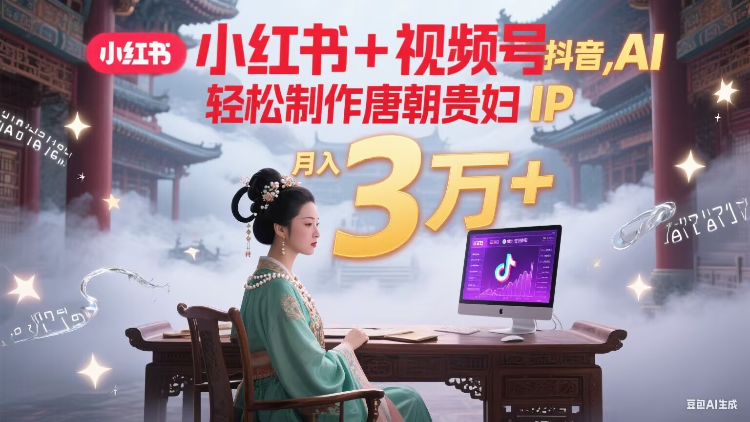 小红书+视频号+抖音，AI轻松制作唐朝贵妇IP，毒鸡汤、励志、减肥瘦身、养生赛道轻松切入，每天30分钟，轻松产出N条，月入3万+-南友云赚