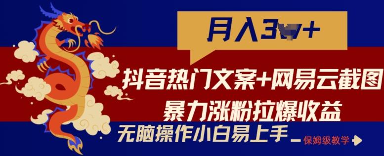 抖音热门文案+网易云截图暴力涨粉拉爆收益玩法，小白无脑操作，简单易上手【揭秘】-南友云赚
