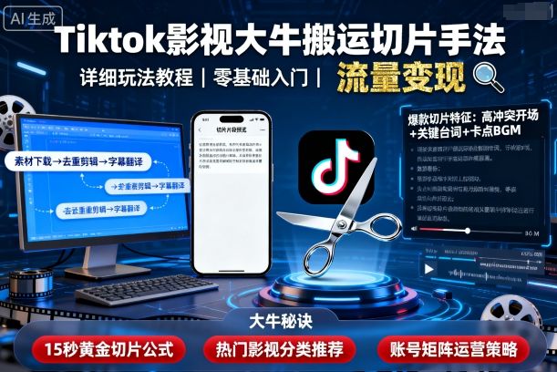 Tiktok影视大牛搬运切片手法，详细玩法教程-南友云赚