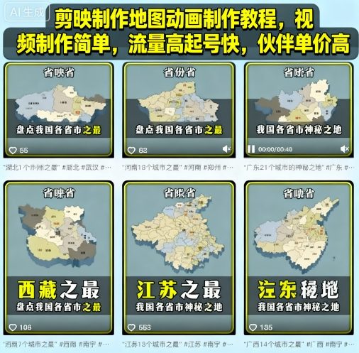 剪映制作地图动画制作教程，视频制作简单，流量高起号快，伙伴单价高-南友云赚