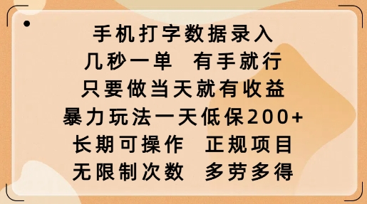 手机打字数据录入，几秒一单，有手就行，只要做当天就有收益，暴力玩法一天低保2张-南友云赚