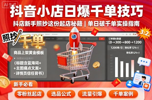 抖音小店日爆千单技巧，抖店新手照抄这份起店秘籍，单日破千单-南友云赚